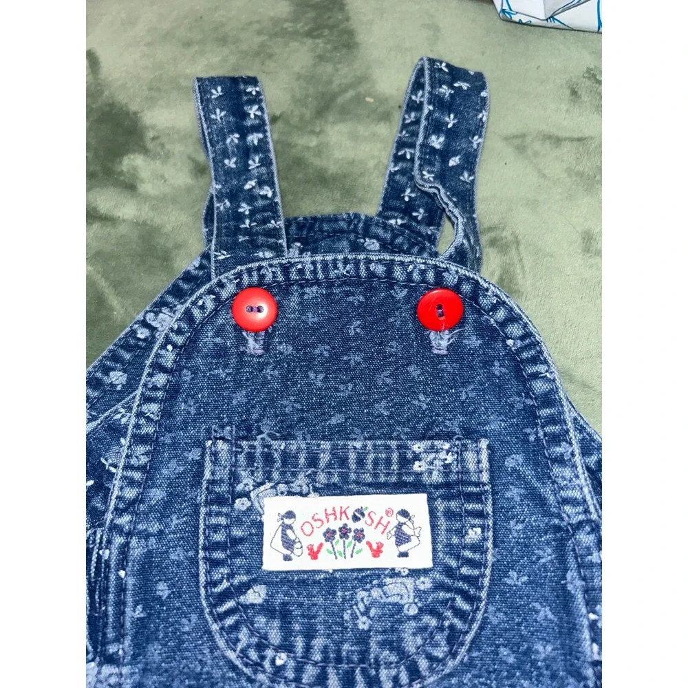 Vintage OshKosh Bgosh Vestbak Denim Jumper‎ Dress Teddy Bear Floral Blue 4T USA